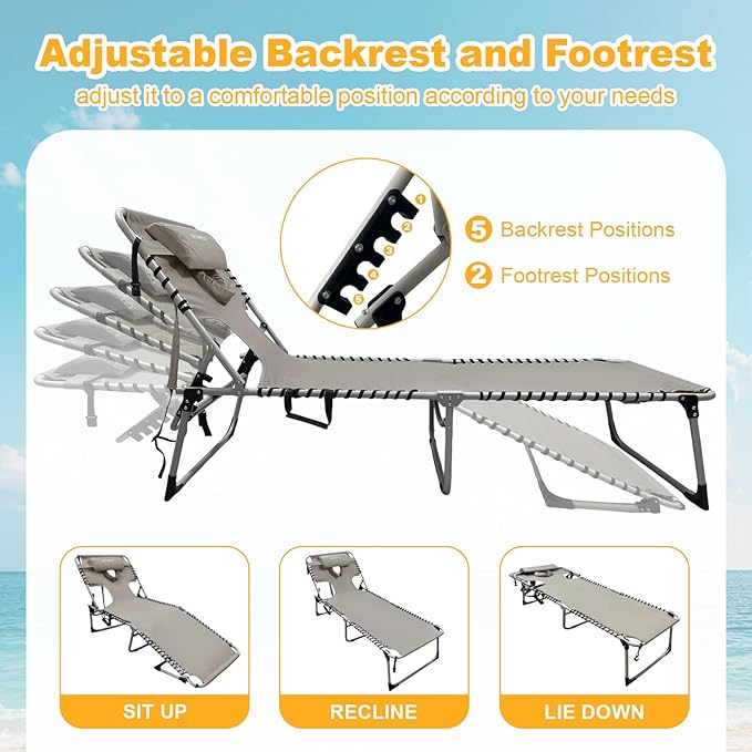 Backpack Sun Tanning Chair with Face Hole & Beach Table, 5-Position Adjustable Folding Lounge Chair Outdoor for Lawn Patio Garden
