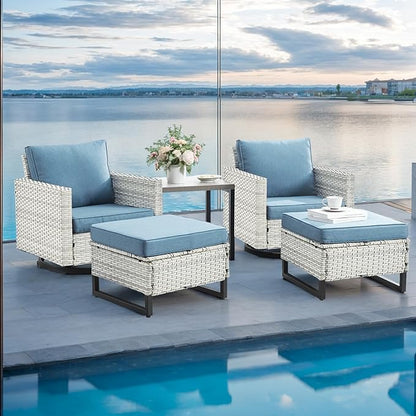 Wicker Outdoor Patio Furniture Set - 5 Piece Patio Conversation Set with 2 Swivel Rocker Chairs,2 Rattan Ottoman and 1 Metal Side Table for Outside Porch Deck Backyard Garden(Light Grey/Sky Blue)