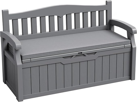 JUMMICO 80 Gallon Resin Outdoor Storage Bench with Cushion, Large Deck Box with Armrest, Lockable&Waterproof for Garden, Home, Patio, Pools (Grey, 80 Gallon)