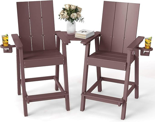FOOWIN Tall Adirondack Chairs Set of 2,HDPE Adirondack Bar Stools with Connecting Tray & Cup Holders,Weather Resistant Balcony Chair for Outdoor Deck Lawn Pool Backyard Coffee