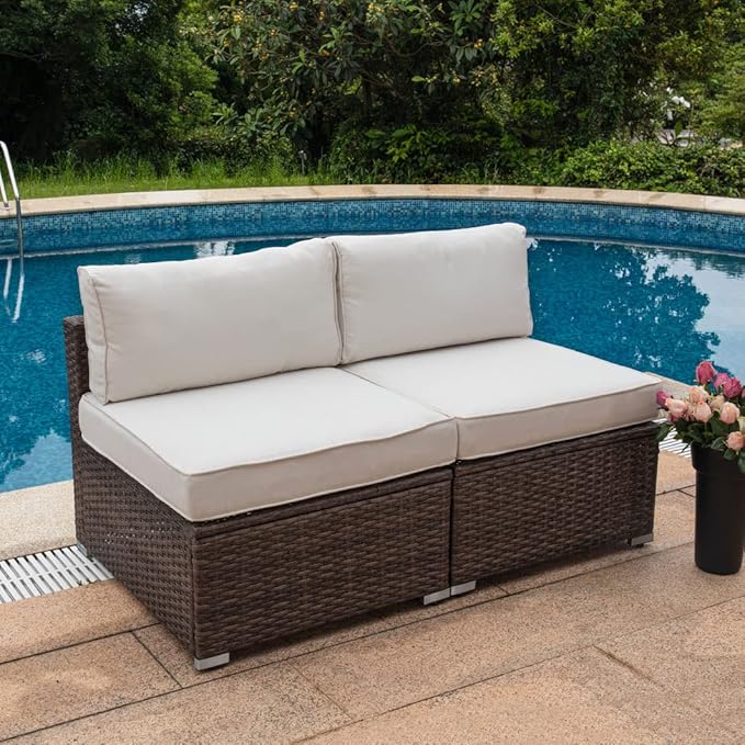 COSIEST 2-Piece Outdoor Furniture Add-on Armless Chairs for Expanding Wicker Sectional Sofa Set w Off White Thick - Photo 1