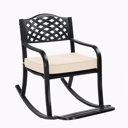Metal Rocking Chair Outdoor Patio Rocker with Thick Cushion and Footrest, Weatherproof Wrought Iron Rocking Bench for Porch, Garden, Backyard, Lawn, Elegant Lattice Backrest, Black