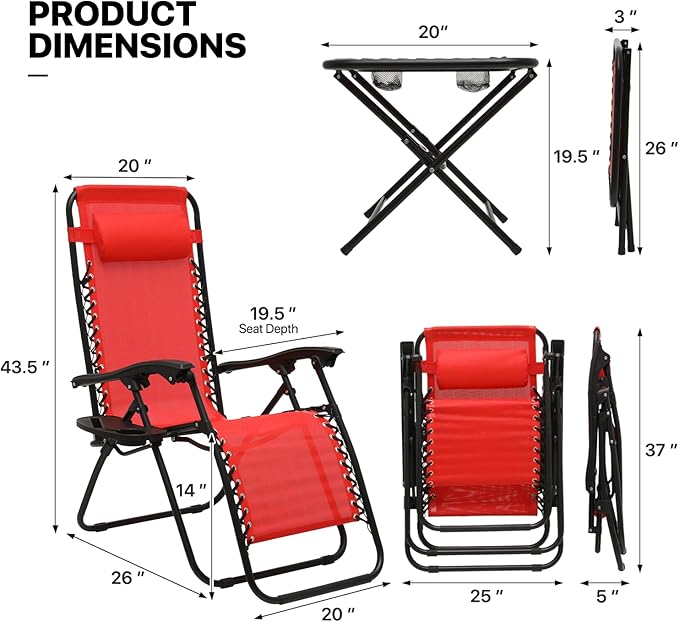 MoNiBloom Recliner Patio Lounge Chairs Set of 3, Adjustable Outdoor Beach Chairs w/Folding Table - Photo 3