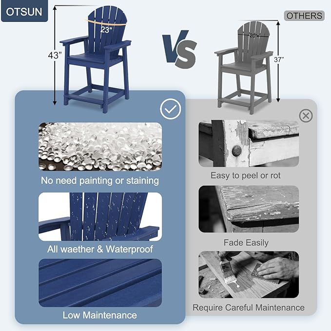 OTSUN Tall Adirondack Chairs Set of 2, HDPE Bar Height Outdoor Chairs, Adirondack Bar Stools for Patio Balcony & Porch - Photo 4