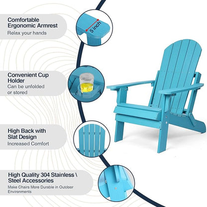 Folding Adirondack Chairs Set of 4, All Weather Resistant Plastic Chairs with Cup Holder, Fold or Unfold Easily in 1 Second, Outdoor Chairs for Patio, Garden, Backyard Deck, Lawn Fire Pit(Lake Blue)