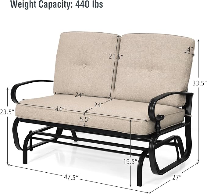 Giantex Outdoor Glider Bench, Patio Loveseat with Cushions, 440 Lbs Capacity, 2-Person Outdoor Rocking Chair - Photo 3