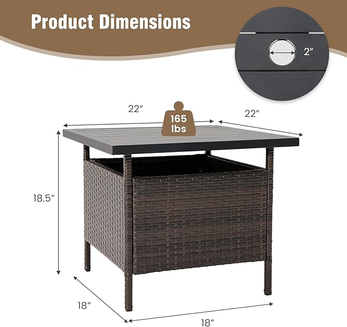Tangkula Outdoor Wicker Table, Rattan Coffee Table with Umbrella Insert Hole, HDPE Tabletop & Sturdy Metal Frame, Patio Umbrella Side Table Stand for Backyard, Garden, Poolside (Mix Brown)