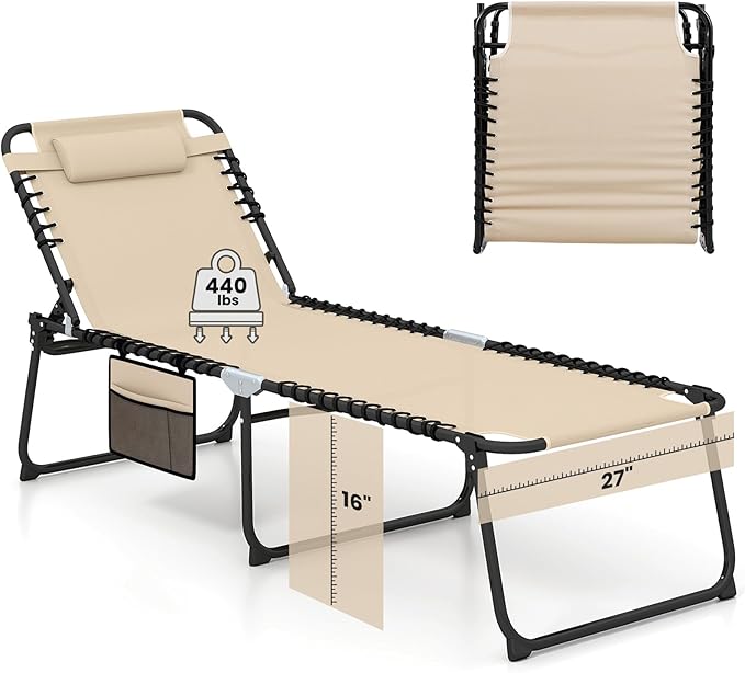 GYMAX Lounge Chair for Outside, 440lbs 27” Oversize Folding Beach Tanning Sunbath Chair with Adjustable Backrest & Removable Pillow, Lightweight Portable Patio Lounger for Lawn Poolside (Sand,1)