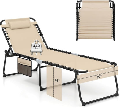 GYMAX Lounge Chair for Outside, 440lbs 27” Oversize Folding Beach Tanning Sunbath Chair with Adjustable Backrest & Removable Pillow, Lightweight Portable Patio Lounger for Lawn Poolside (Sand,1)