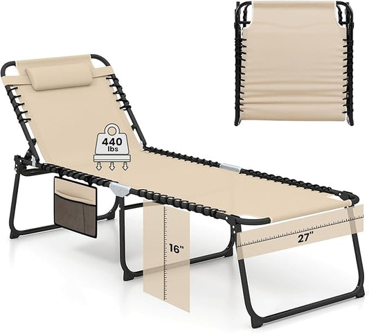 GYMAX Lounge Chair for Outside, 440lbs 27” Oversize Folding Beach Tanning Sunbath Chair with Adjustable Backrest & Removable Pillow, Lightweight Portable Patio Lounger for Lawn Poolside (Sand,1)