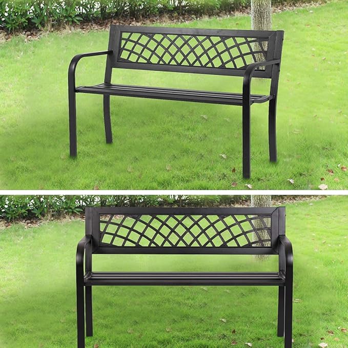 45.5in Outdoor Patio Garden Bench Mesh Pattern Loveseat,Cast Iron Heavy Duty Front Porch Chair w/Steel Frame- Easy Assembly Rust Free for Park Yard Backyard Lawn Pool Decor Deck Furniture- Black