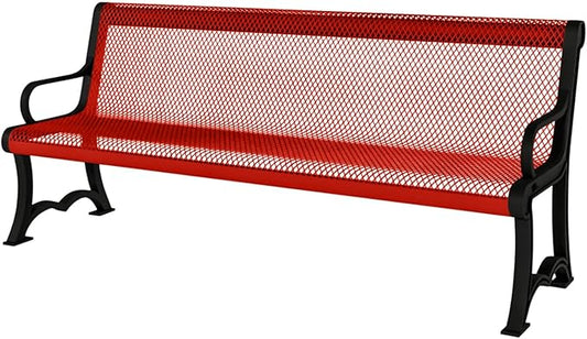 COATEDOUTDOORFURNITURE Coated Outdoor Furniture Heavy-Duty Outdoor Bench Thermoplastic Coated, Expanded Metal, Commercial-Grade Garden Bench, Made in America (Portable with Back, 4 Ft, Red)