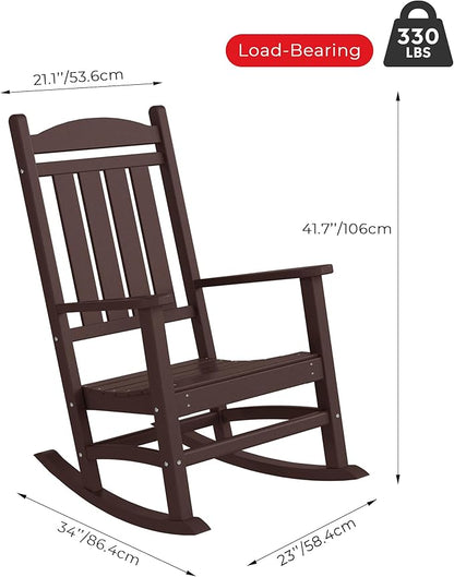 Costaelm Oversized Outdoor Rocking Chair, High Back Porch Rocker Chair, HDPE All Weather Resistant Outdoor Seating Furniture Wide Rocker Chair for Patio, Lawn, Garden, Dark Brown