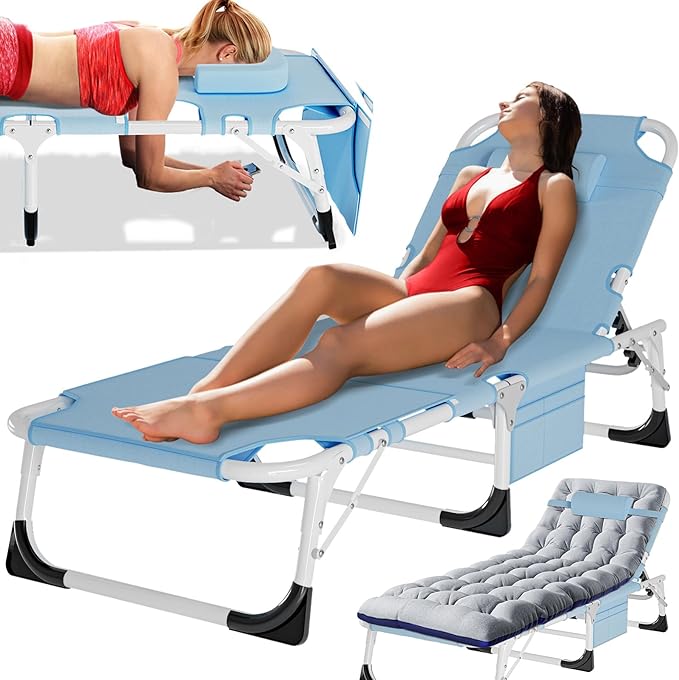 MOPHOTO Oversized Beach Lounge Chair, 5-Position Adjustable Tanning Chair with Face Hole, Heavy Duty Folding Chaise Lounge for Beach, Pool, Patio & Sunbathing