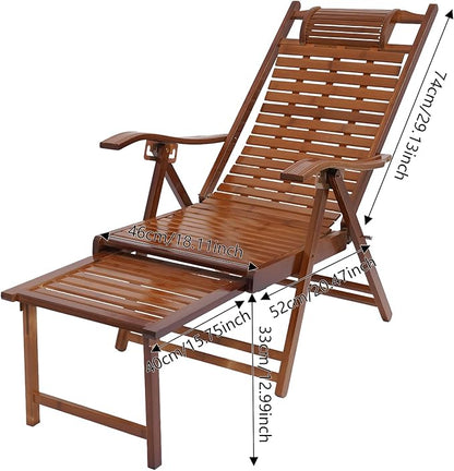 Foldable Bamboo Lounger Chair, Adjustable Back Patio Reclining Chair with Massage Hammer, Foldable Outdoor Chaise Lounge Chair for Backyard Yard Pool Beach Load Capacity 440Lbs