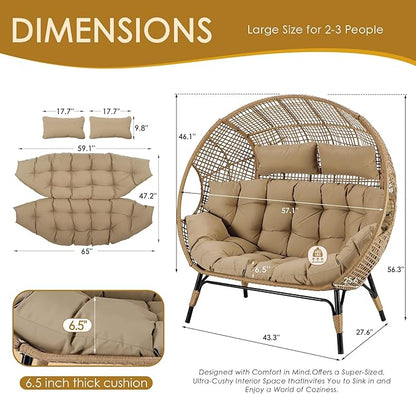 NICESOUL® Double Egg Chair Indoor Outdoor Stationary Oversized Thicken Padded Cushions,2 Person Egg Loveseat Chair, Extra Large Lounge Chair for Patio Balcony Porch Brown