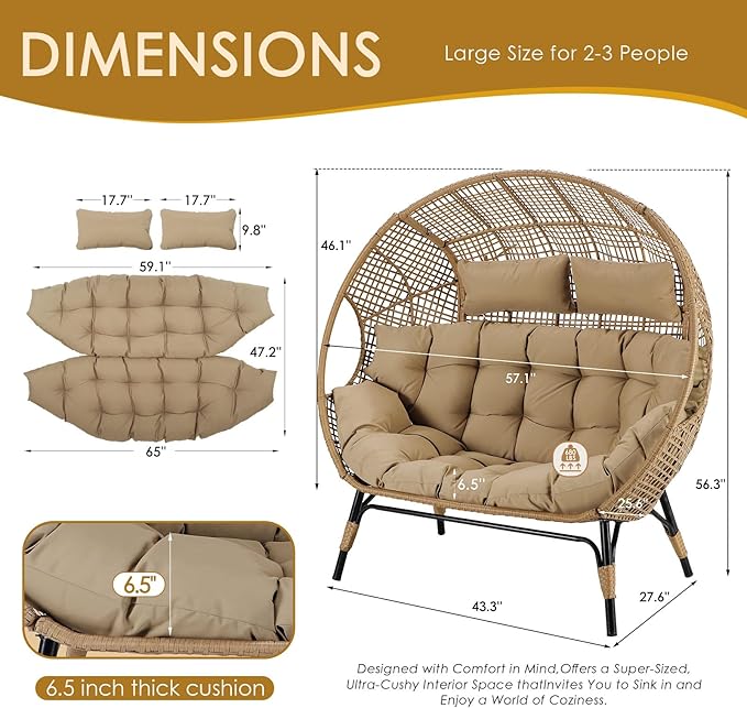 NICESOUL® Double Egg Chair Indoor Outdoor Stationary Oversized 6.5" Thick Padded Cushions - Photo 3