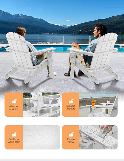 Folding Adirondack Chair Set of 4, Wooden Textured Plastic Adirondack Chairs with 2 Cup Holder, Weather Resistant HDPE Fire Pit Chair, Outdoor Patio Chairs for Garden, Backyard, Lawn, Deck, White