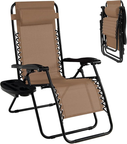 Folding Zero Gravity Reclining Textilene Lounge Chairs, Outdoor Adjustable Patio w/Pillows & Cup Holder Trays for Backyard, Beach, Poolside (BE)