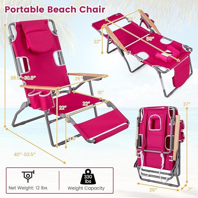 Goplus 3-in-1 Foldable Beach Chair, Lay-Flat Tanning Chair with Face and Arm Holes, Footrest, 330 lbs Heavy-Duty Portable Reclining Lounge Chairs for Outside, Camping, Patio, Poolside, Lawn (2,Red)
