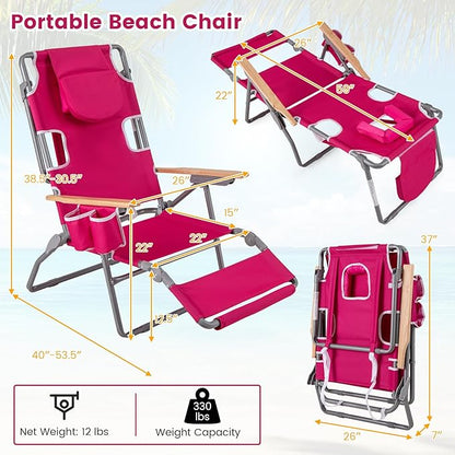 Goplus 3-in-1 Foldable Beach Chair, Lay-Flat Tanning Chair with Face and Arm Holes, Footrest, 330 lbs Heavy-Duty Portable Reclining Lounge Chairs for Outside, Camping, Patio, Poolside, Lawn (2,Red)