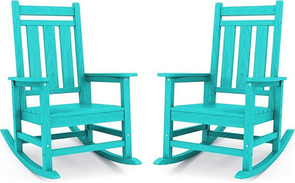 KINGYES Oversized Outdoor Rocking Chair Set of 2, All-Weather Patio Rocking Chairs for Porch, HDPE Outdoor Patio Rockers with High Back & Wide Seat for Garden, Lawn, Aruba