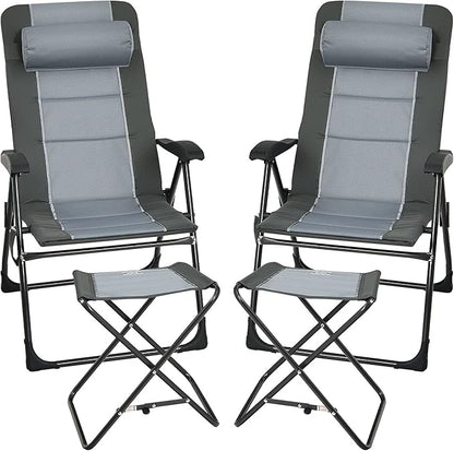 Giantex Set of 2 Patio Dining Chairs with Footstools, Folding Recliner Chairs with 7-Position Adjustable Backrest, Headrest, Mesh Bag, Outdoor Portable Lounge Chairs for Poolside Backyard, Grey