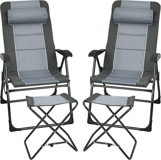 Giantex Set of 2 Patio Dining Chairs with Footstools, Folding Recliner Chairs with 7-Position Adjustable Backrest, Headrest, Mesh Bag, Outdoor Portable Lounge Chairs for Poolside Backyard, Grey