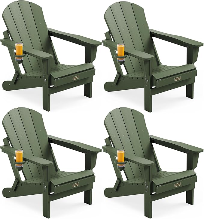 SERWALL Adirondack Chair Set of 4, Weather Resistant HIPS Patio Chairs with Cup Holder for Patio Garden Outdoors Fire Pit- Army
