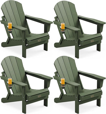 SERWALL Adirondack Chair Set of 4, Weather Resistant HIPS Patio Chairs with Cup Holder for Patio Garden Outdoors Fire Pit- Army