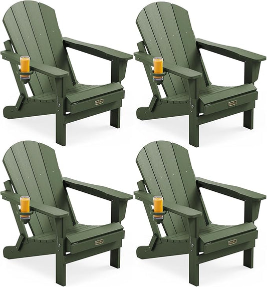 SERWALL Adirondack Chair Set of 4, Weather Resistant HIPS Patio Chairs with Cup Holder for Patio Garden Outdoors Fire Pit- Army