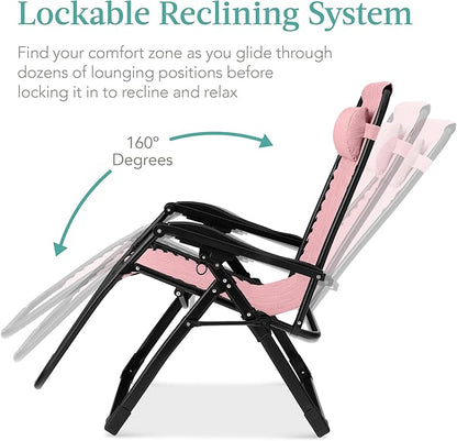 Best Choice Products Oversized Zero Gravity Chair, Folding Outdoor Patio Recliner, XL Anti Gravity Lounger w/Removable Cushion, Cup Holder, Side Tray, 350lb Capacity - Pink
