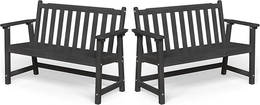 Ciokea 48" Outdoor Bench Set of 2, HDPE Weatherproof Garden Bench, 2-Person Memorial Benches with 550 Lbs, Waterproof Patio Porch Benches for Outside Business Deck Office Backyard Balcony, Black