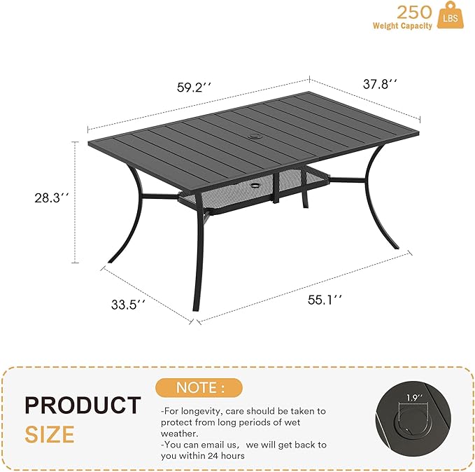 VICLLAX Outdoor Dining Table for 6, 59" Black Metal Patio Table with Umbrella Hole, Black