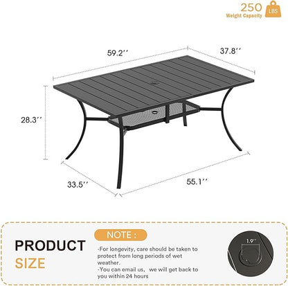 VICLLAX Outdoor Dining Table for 6, 59" Black Metal Patio Table with Umbrella Hole, Black