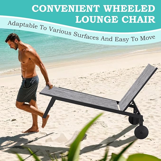 EROMMY Patio Chaise Lounge Chair Set of 2 with Table, Adjustable Backrest & Wheels - Photo 7