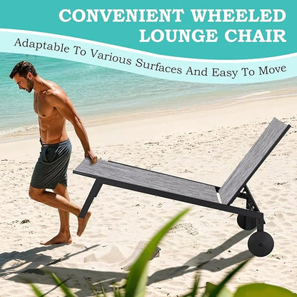EROMMY Patio Chaise Lounge Chair Set of 2 with Table, Adjustable Backrest & Wheels, Waterproof Outdoor Poolside Recliners for Garden, Deck, Lawn, Backyard