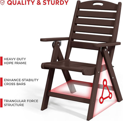 Costaelm Outdoor Adjustable Highback Folding Patio Dining Chair, HDPE Armrest Poly Lumber Restaurant Bistro Dining Chair for Outside Porch Backyard Garden, Dark Brown