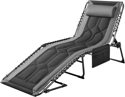 Flamaker Folding Chaise Lounge Outdoor Portable Lounge Chairs 4-Position Adjustable Camping Lounge Chair with Pillow & Side Bag Lightweight Recliner Sunbathing Chair for Pool Beach Deck (Grey)