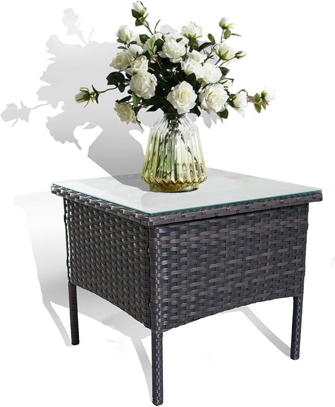 Outdoor Patio Wicker Table, Rattan Side Table, Modern Patio End Side Table with Glass Countertop and Storage Space - Photo 8