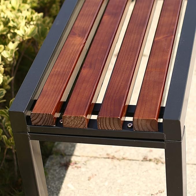 Garden Bench Park Slatted Seats Patio Loveseat, Outdoor Wooden Backless Porch Bench Metal Frame Chair - Photo 7