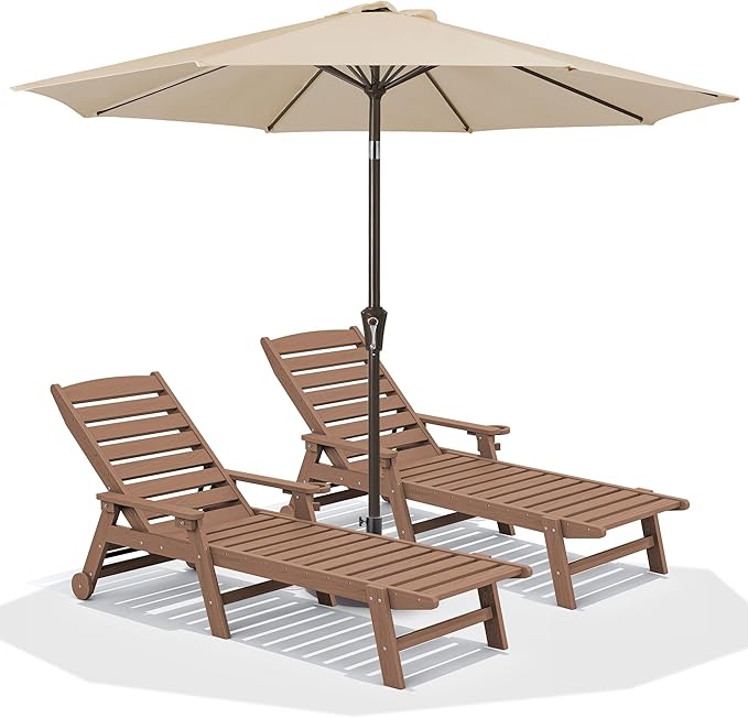 SERWALL Patio Chaise Lounge Chair Set of 2 with 9FT Patio Umbrella, 78'' HDPE Outdoor Lounger - Photo 1