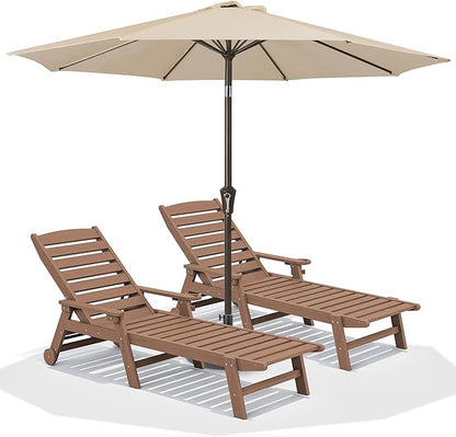 SERWALL Patio Chaise Lounge Chair Set of 2 with 9FT Patio Umbrella, 78'' HDPE Outdoor Lounger, Poly Lounge Chair with Rolling Wheels & Cup Holder for Pool,Wooden Brown (Umbreall Base not Included)
