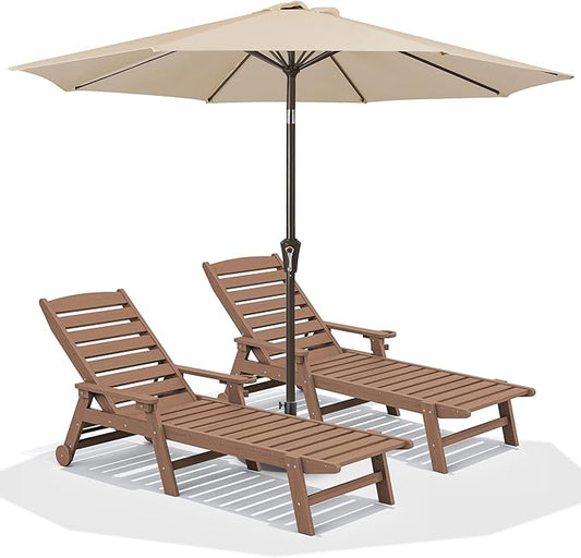 SERWALL Patio Chaise Lounge Chair Set of 2 with 9FT Patio Umbrella, 78'' HDPE Outdoor Lounger, Poly Lounge Chair with Rolling Wheels & Cup Holder for Pool,Wooden Brown (Umbreall Base not Included)