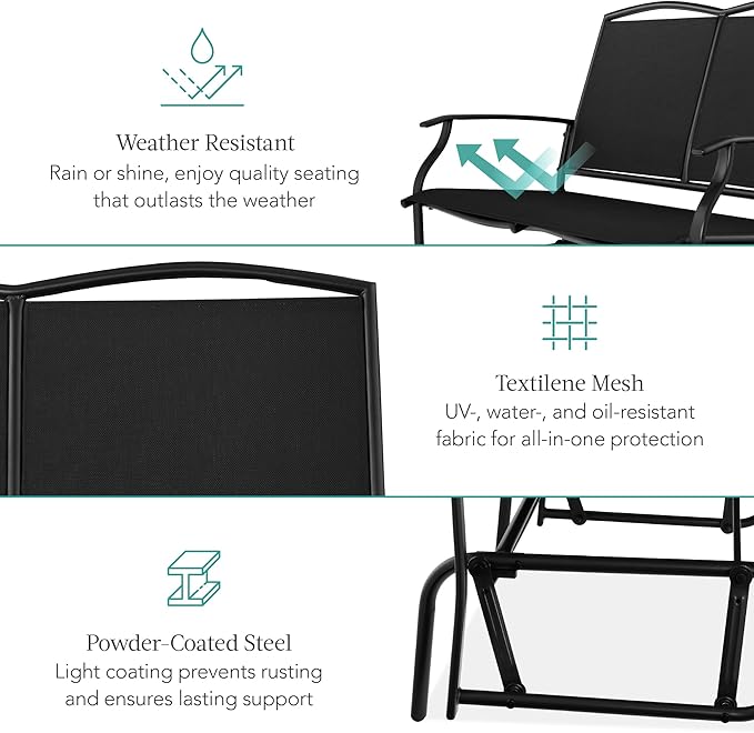 Best Choice Products 2-Person Outdoor Patio Swing Glider Steel Bench Loveseat Rocker for Deck, Porch w/Textilene Fabric - Photo 5