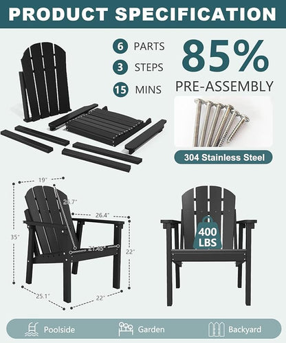Adirondack Chair Set of 2, All Weather HDPE Fire Pit Chairs, Oversized Plastic Adirondack Chair for Outdoor, Balcony, Deck, Backyard, Patio, Garden, Poolside, Lawn Black