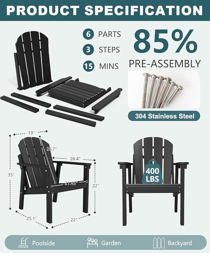 Adirondack Chair Set of 4, All Weather HDPE Fire Pit Chairs, Oversized Plastic Adirondack Chair for Outdoor, Balcony - Photo 2