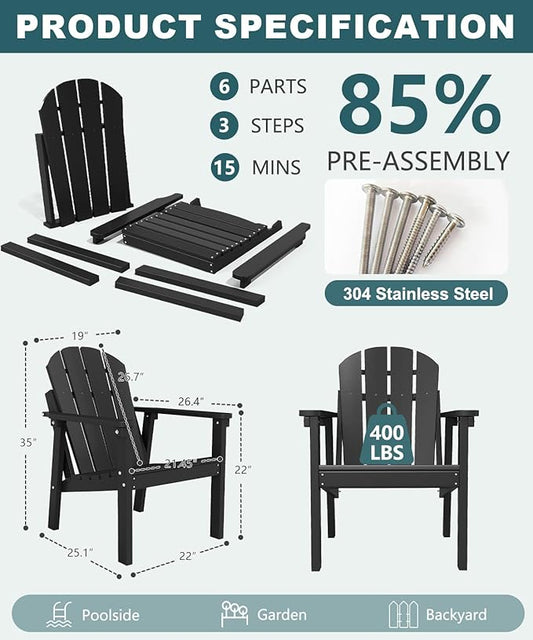 Adirondack Chair, All Weather HDPE Fire Pit Chairs, Oversized Plastic Adirondack Chair for Outdoor, Balcony, Deck, Backyard, Patio, Garden, Poolside, Lawn Black