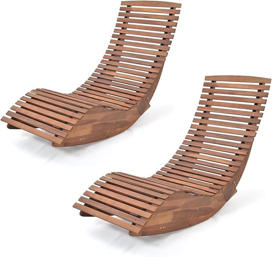Tangkula Outdoor Acacia Wood Rocking Chair Set of 2, Porch Rocker with Widened Slatted Seat and High Back, Wooden Rocking Patio Chair, Outdoor Rocking Sun Lounger for Backyard, Garden