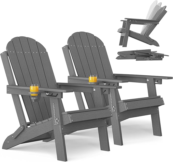 YEFU Adirondack Chairs Set of 2 for Outdoor: Folding Plastic Fire Pit Chair with Cup Holders & Adjustable Backrest - Sturdy All-Weather HDPE for Patio Lawn - Easy Assembly(Grey)